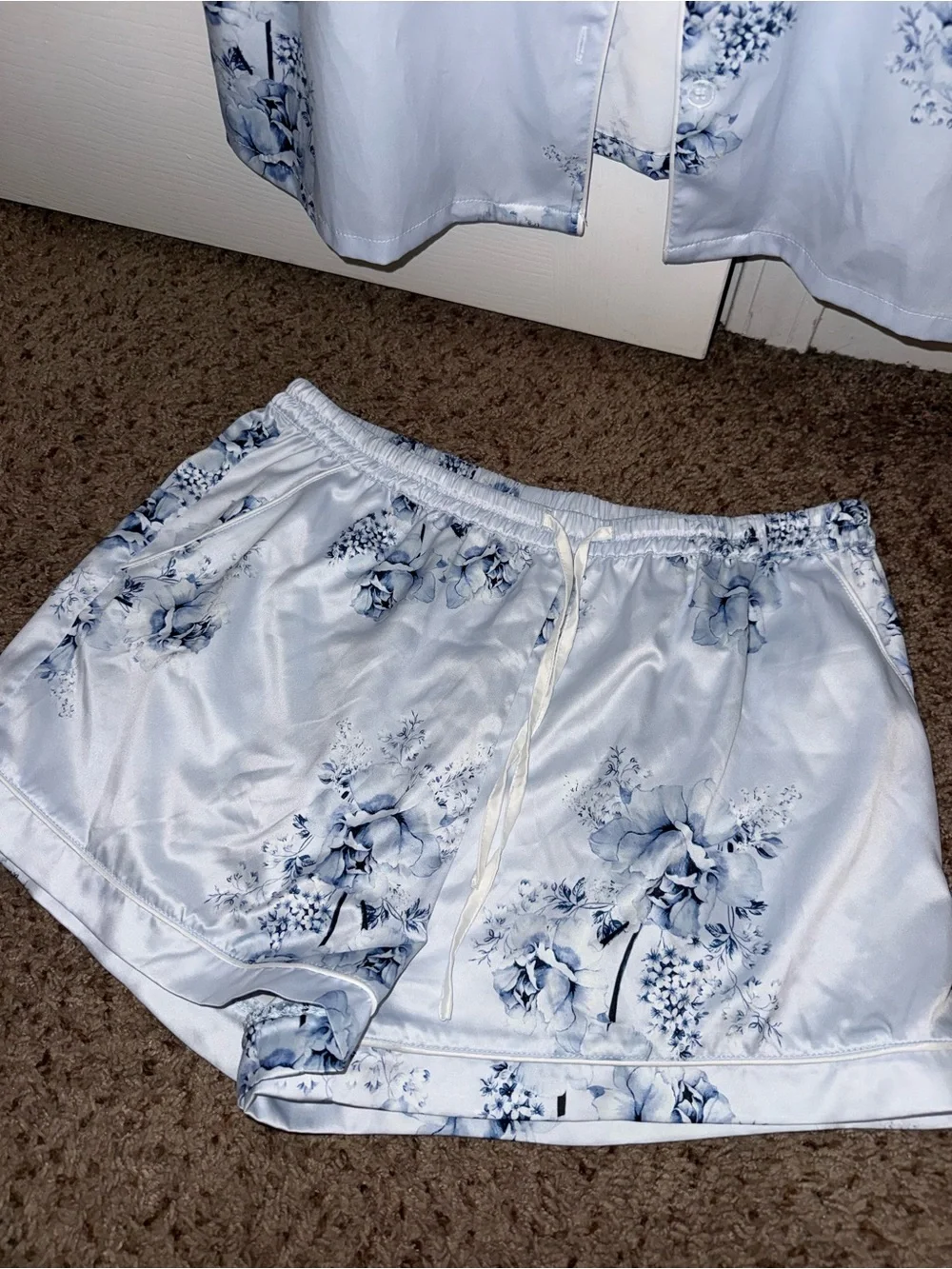 Satin Floral Short Sleeve Pajama Set - Light Blue